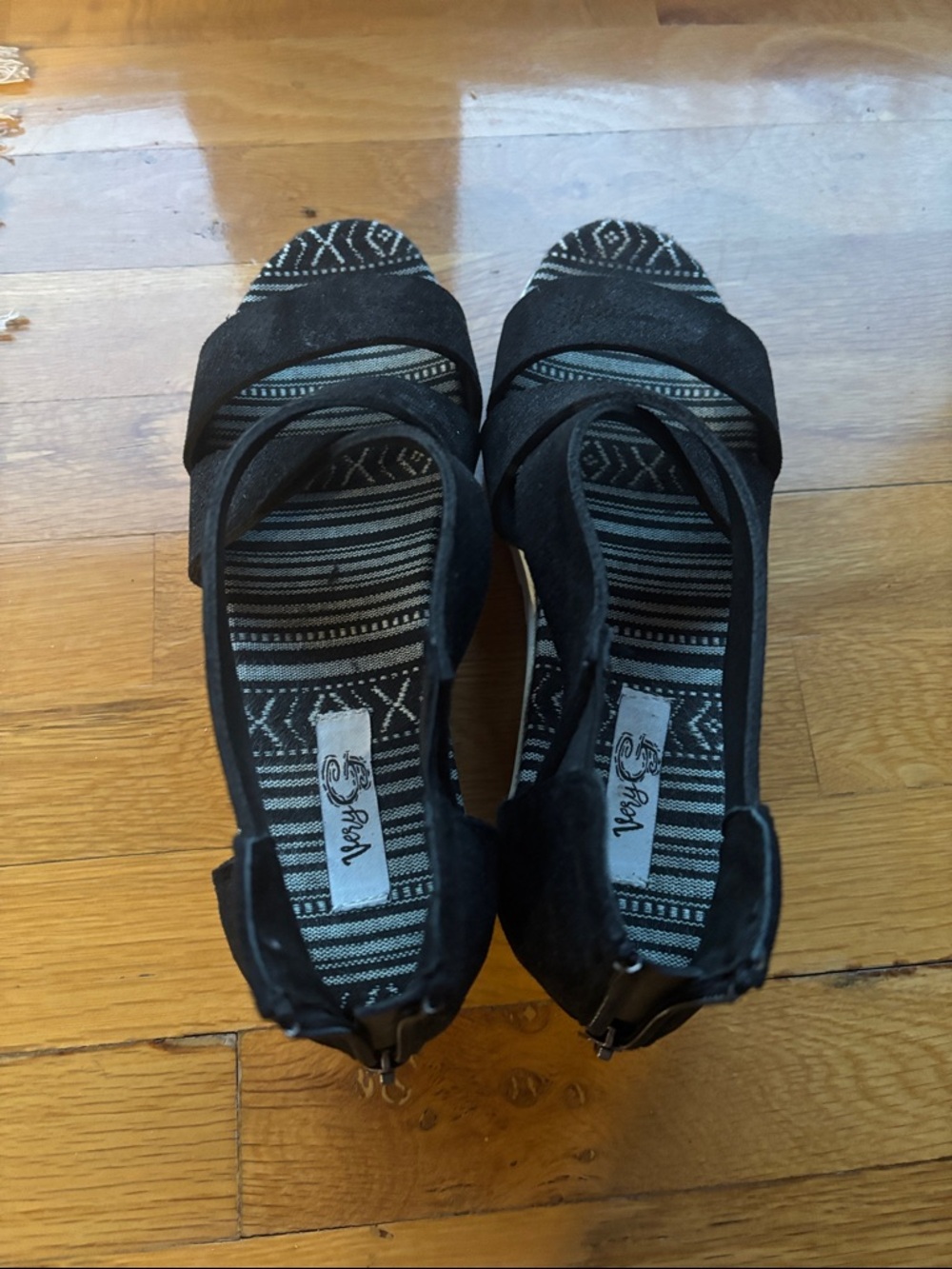 Very G Black Strappy Wedge Sandals
